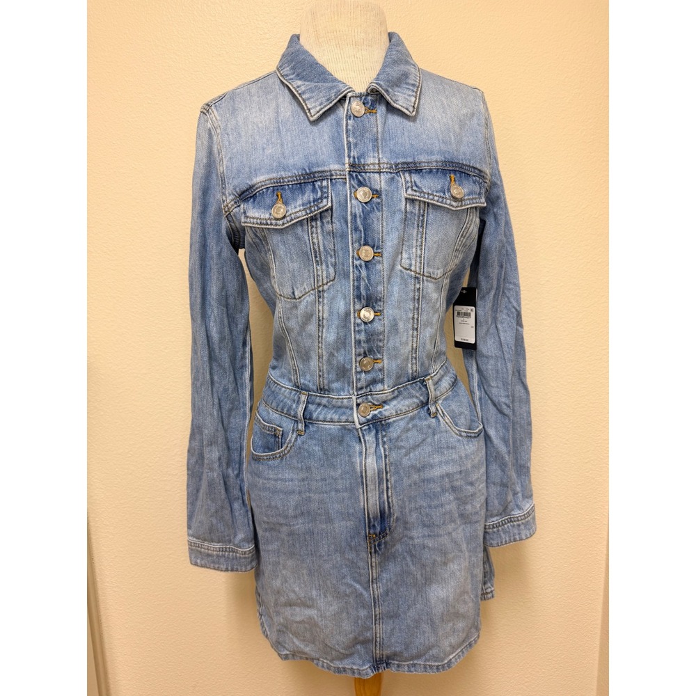 NWT GUESS Women Light Wash Denim Long Sleeve Mini Dress Button Zip Front Size L